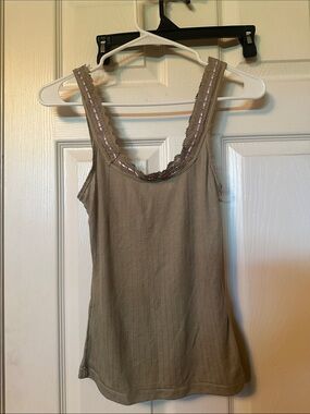 Classic Lace-Trim Ribbed Camisole - olive green with lavender trim